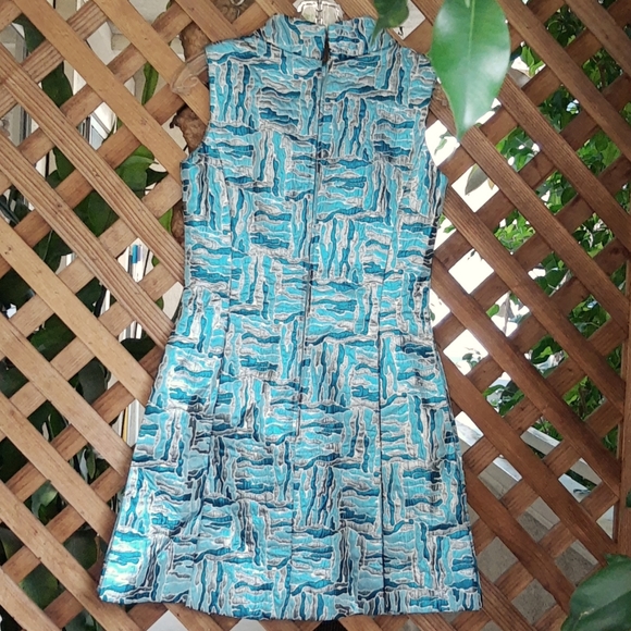 Vintage Custom Made Metallic Abstract Brocade Teal and Silver Print Party Dress - Picture 4 of 7